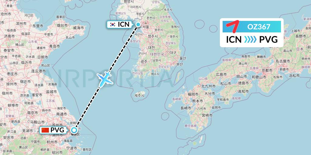 OZ367 Asiana Airlines Flight Map: Seoul to Shanghai