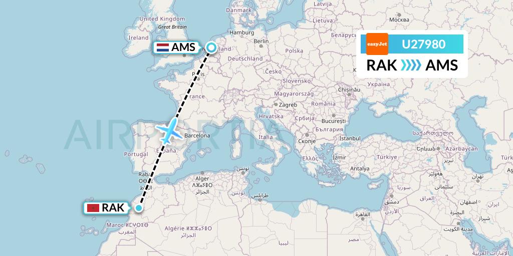 U27980 EasyJet Flight Map: Marrakesh to Amsterdam