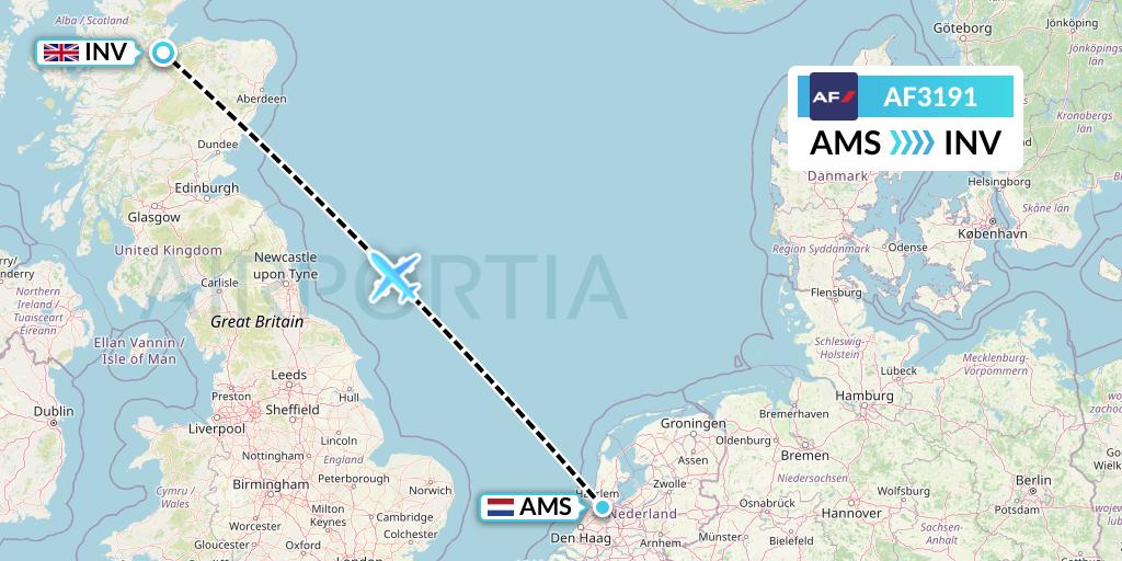 AF3191 Air France Flight Map: Amsterdam to Inverness
