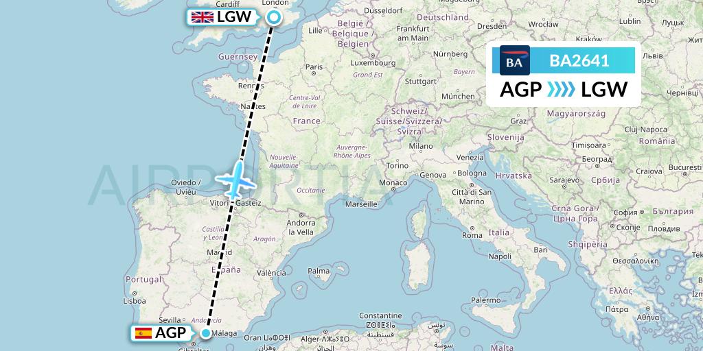 BA2641 British Airways Flight Map: Malaga to London