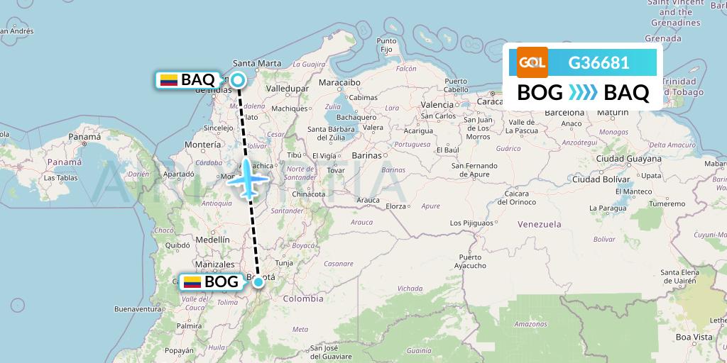 G36681 GOL Transportes Aeros Flight Map: Bogota to Barranquilla