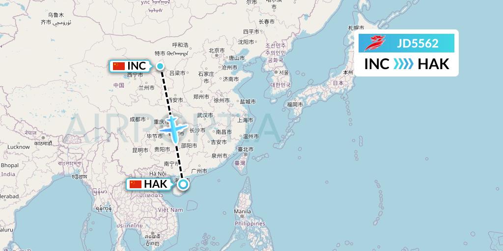 JD5562 Capital Airlines Flight Map: Yinchuan to Haikou