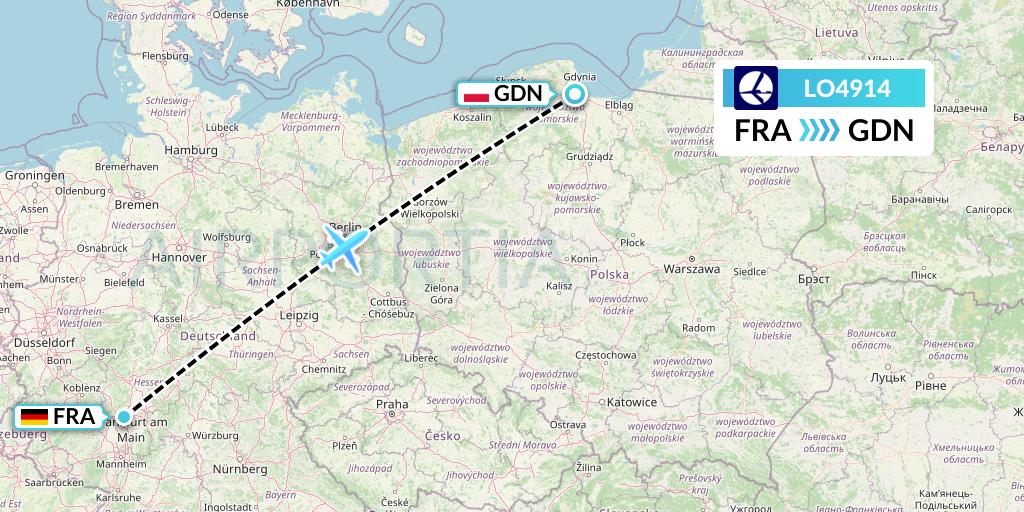 LO4914 LOT Flight Map: Frankfurt to Gdansk