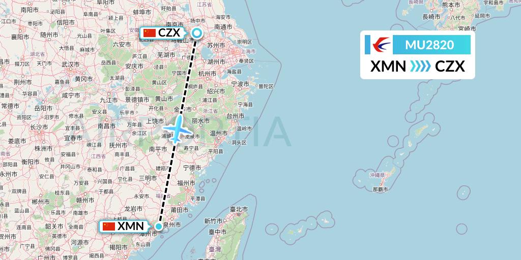 MU2820 China Eastern Airlines Flight Map: Xiamen to Changzhou