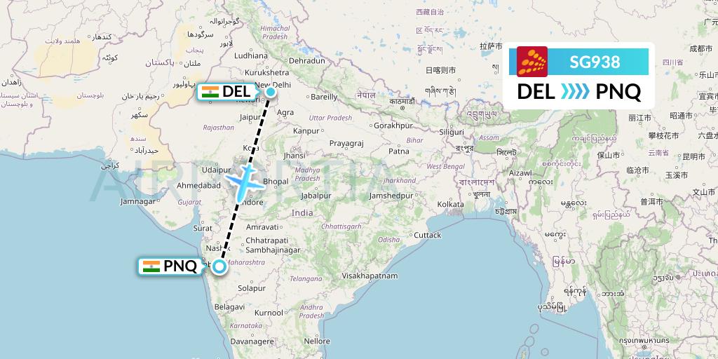 SG938 SpiceJet Flight Map: Delhi to Pune