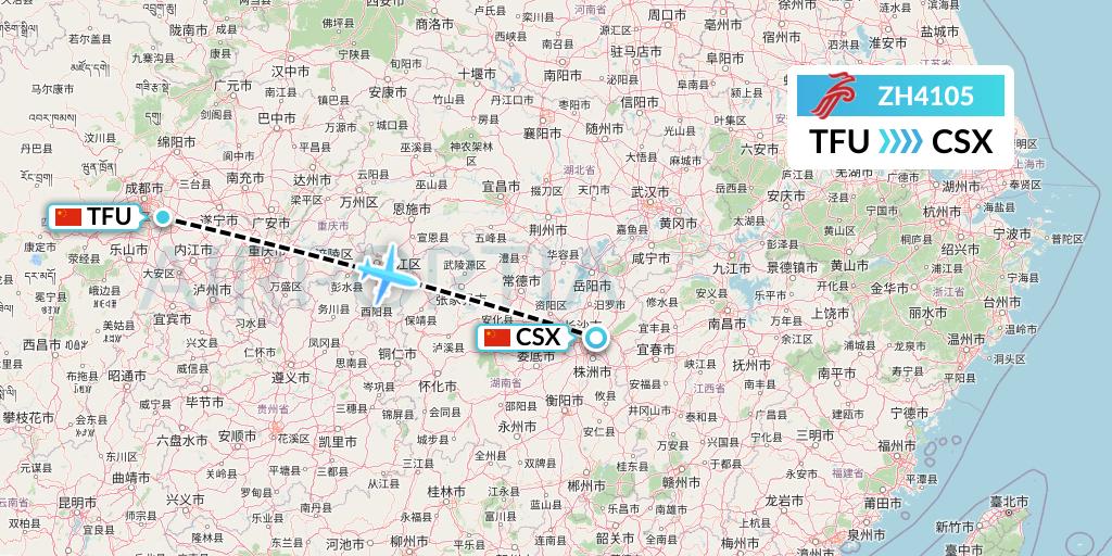 ZH4105 Shenzhen Airlines Flight Map: Chengdu to Changsha