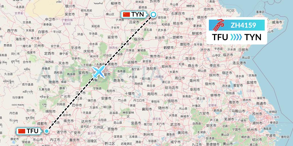 ZH4159 Shenzhen Airlines Flight Map: Chengdu to Taiyuan
