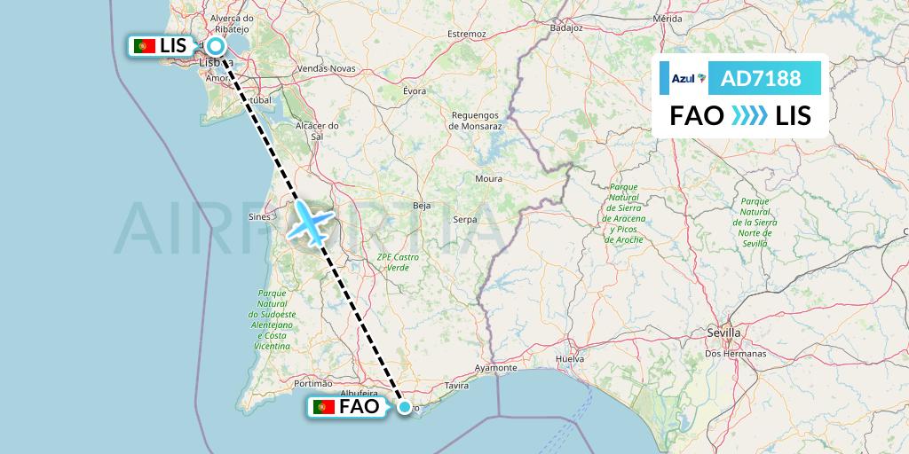 AD7188 Azul Brazilian Airlines Flight Map: Faro to Lisbon