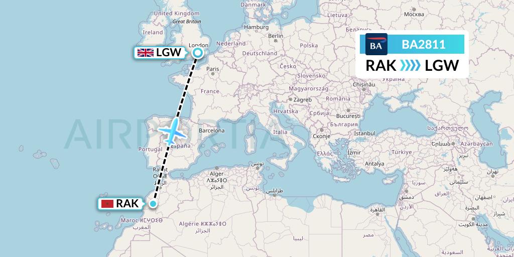 BA2811 British Airways Flight Map: Marrakesh to London