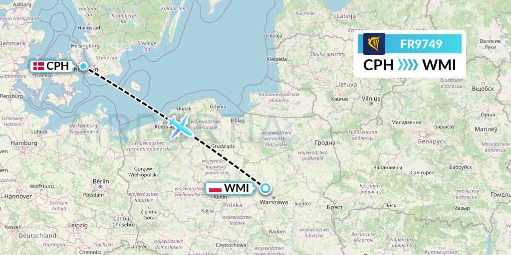 FR9749 Ryanair Flight Map: Copenhagen to Warsaw