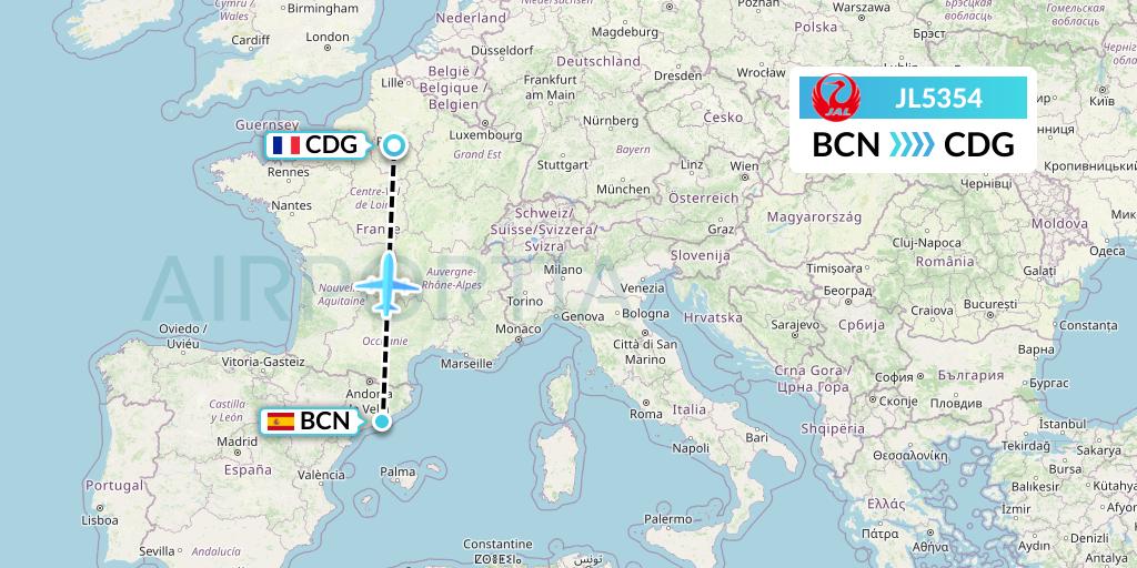 JL5354 Japan Airlines Flight Map: Barcelona to Paris