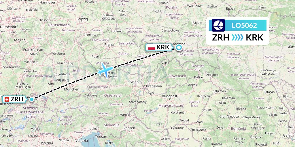 LO5062 LOT Flight Map: Zurich to Krakow
