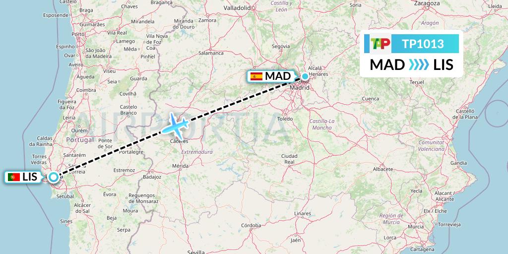 TP1013 TAP Portugal Flight Map: Madrid to Lisbon
