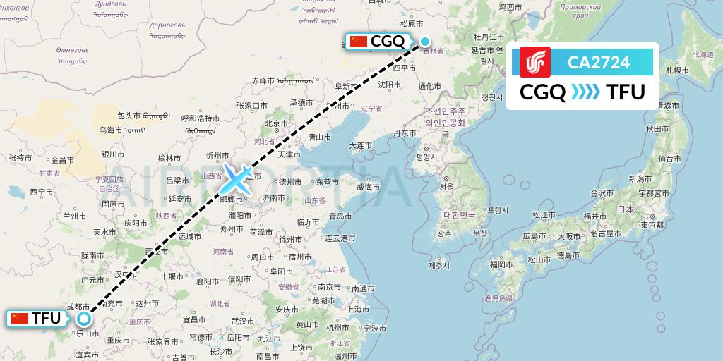 CA2724 Air China Flight Map: Changchun to Chengdu