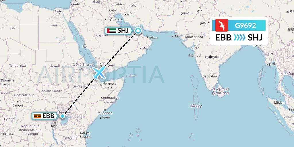 G9692 Air Arabia Flight Map: Entebbe to Sharjah