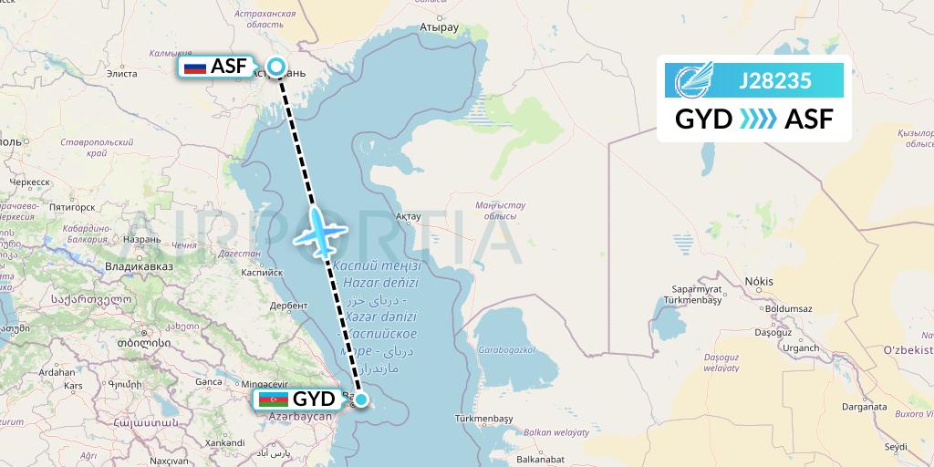 J28235 Azerbaijan Airlines Flight Map: Baku to Astrakhan