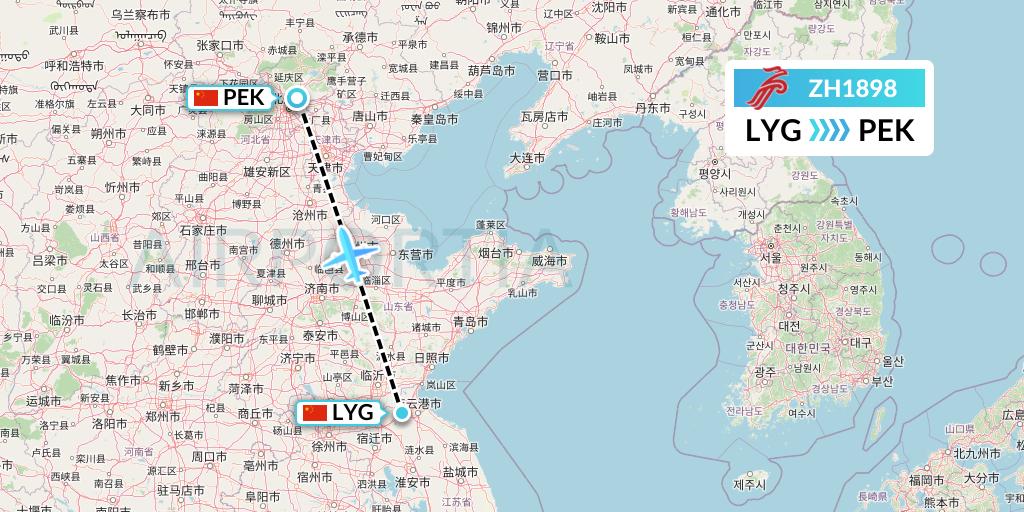 ZH1898 Shenzhen Airlines Flight Map: Lianyungang to Beijing