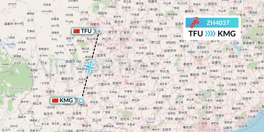 ZH4037 Shenzhen Airlines Flight Map: Chengdu to Kunming