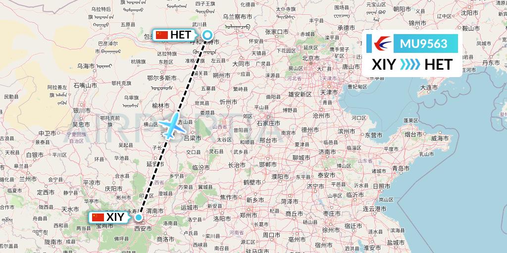 MU9563 China Eastern Airlines Flight Map: Xi'an to Hohhot