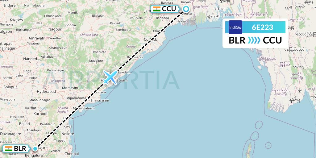 6E223 IndiGo Airlines Flight Map: Bangalore to Kolkata