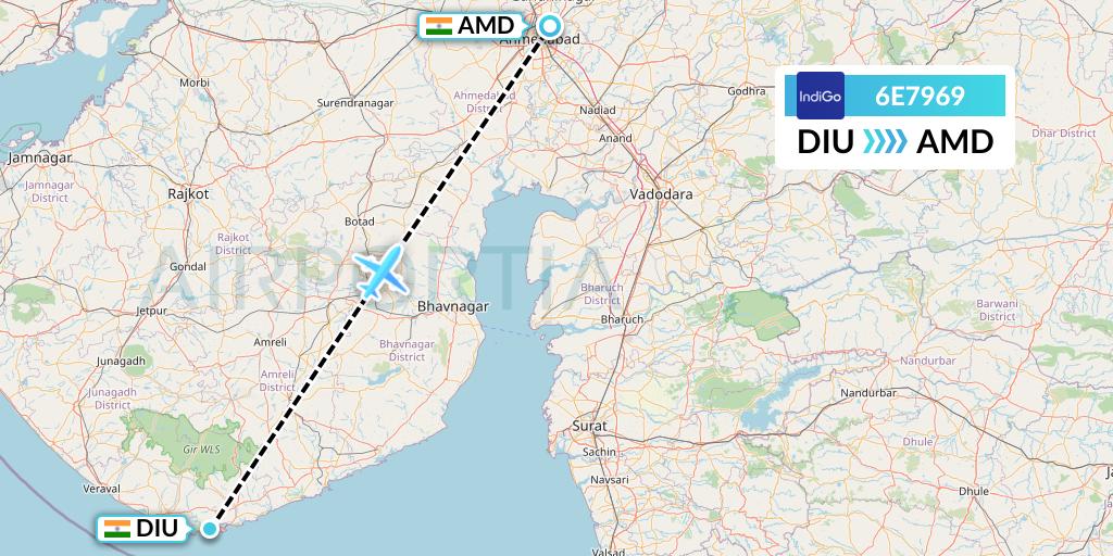 6E7969 IndiGo Airlines Flight Map: Diu to Ahmedabad