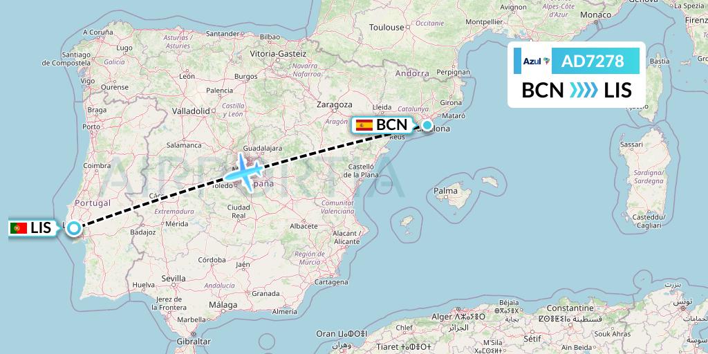 AD7278 Azul Brazilian Airlines Flight Map: Barcelona to Lisbon