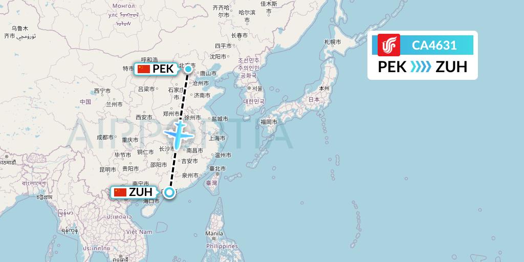 CA4631 Air China Flight Map: Beijing to Zhuhai