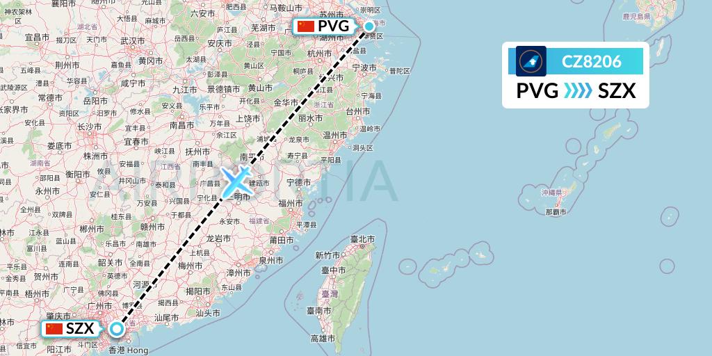 CZ8206 China Southern Airlines Flight Map: Shanghai to Shenzhen