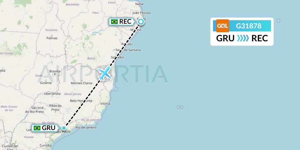 G31878 GOL Transportes Aeros Flight Map: Sao Paulo to Recife