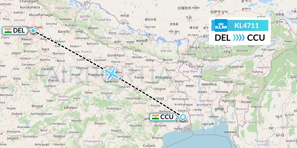 KL4711 KLM Flight Map: Delhi to Kolkata