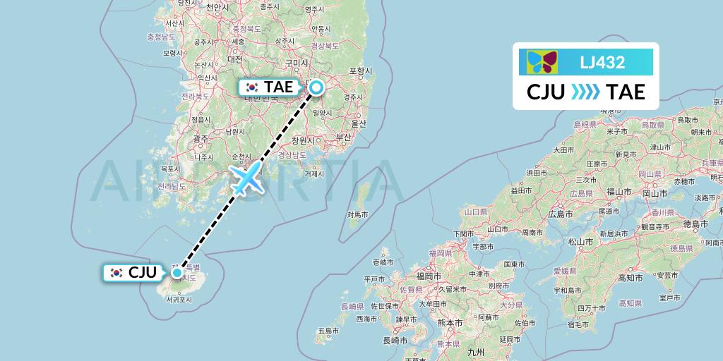 LJ432 Jin Air Flight Map: Jeju to Daegu