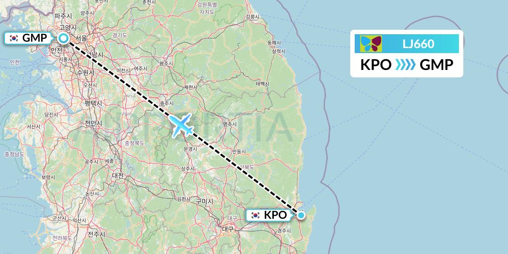 LJ660 Jin Air Flight Map: Pohang to Seoul