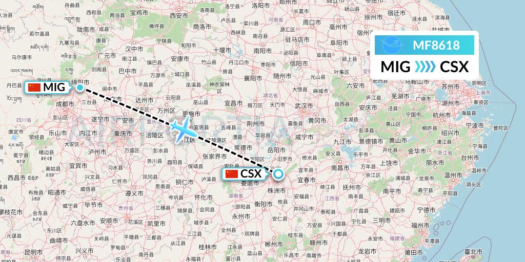 MF8618 Xiamen Airlines Flight Map: Mianyang to Changsha
