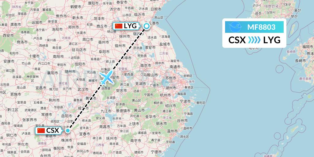 MF8803 Xiamen Airlines Flight Map: Changsha to Lianyungang