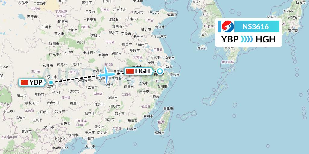 NS3616 Hebei Airlines Flight Map: Yibin to Hangzhou