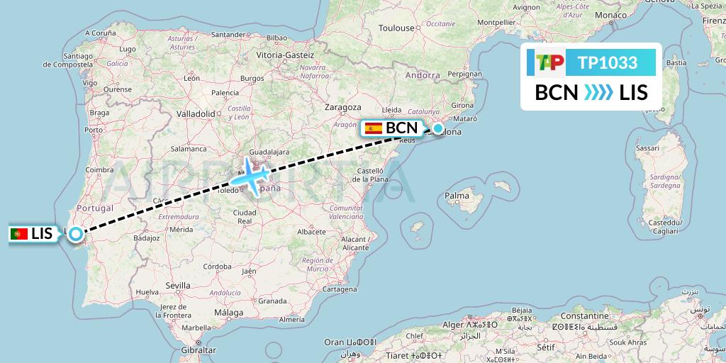 TP1033 TAP Portugal Flight Map: Barcelona to Lisbon
