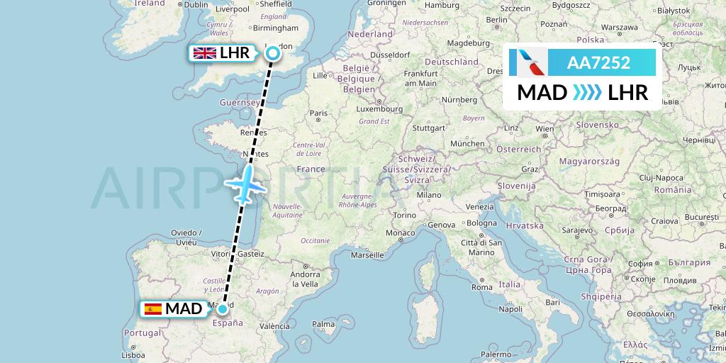 AA7252 American Airlines Flight Map: Madrid to London
