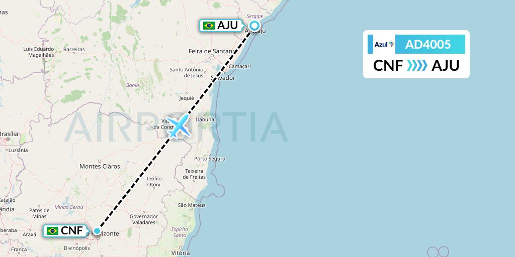 AD4005 Azul Brazilian Airlines Flight Map: Belo Horizonte to Aracaju