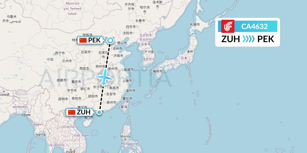 CA4632 Air China Flight Map: Zhuhai to Beijing