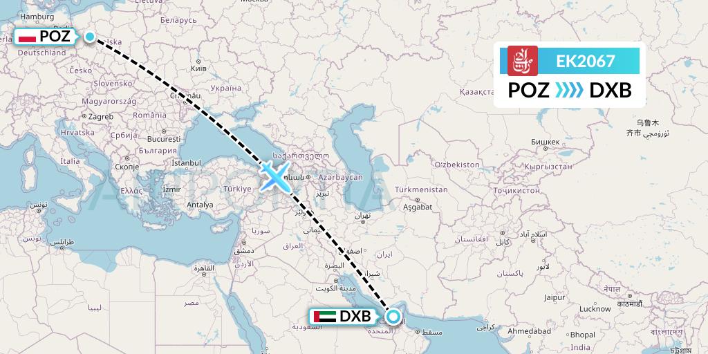 EK2067 Emirates Flight Map: Poznan to Dubai