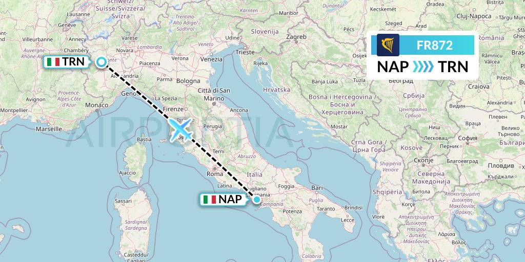 FR872 Ryanair Flight Map: Naples to Turin