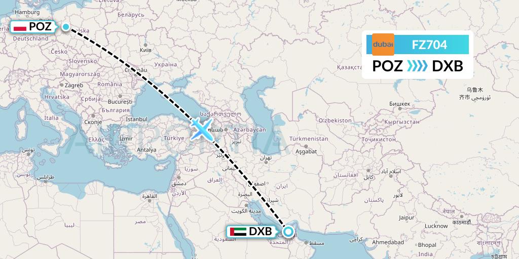 FZ704 FlyDubai Flight Map: Poznan to Dubai