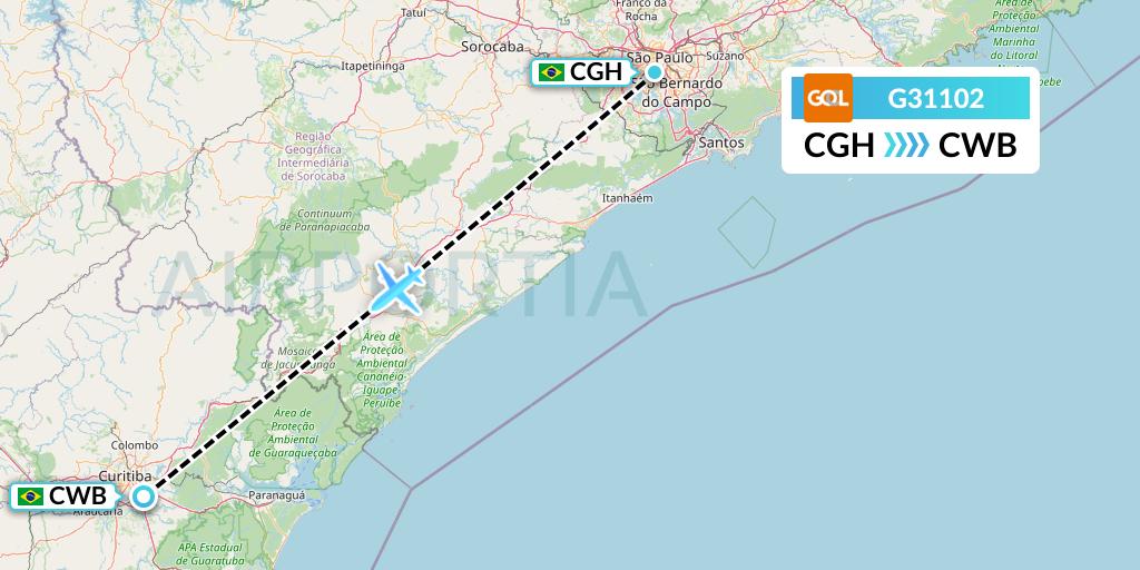 G31102 GOL Transportes Aeros Flight Map: Sao Paulo to Curitiba