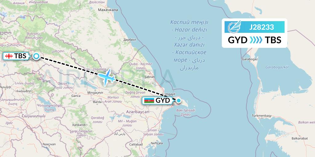 J28233 Azerbaijan Airlines Flight Map: Baku to Tbilisi