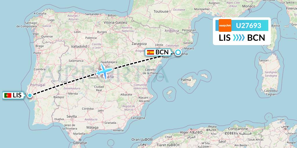 U27693 EasyJet Flight Map: Lisbon to Barcelona