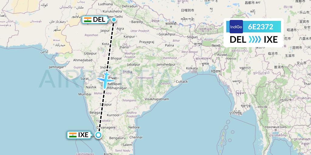 6E2372 IndiGo Airlines Flight Map: Delhi to Mangalore