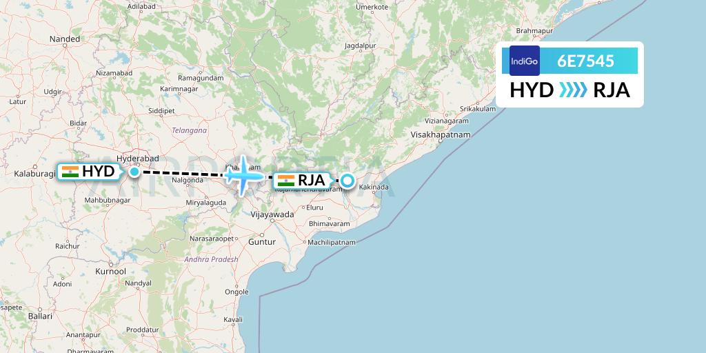 6E7545 IndiGo Airlines Flight Map: Hyderabad to Rajahmundry