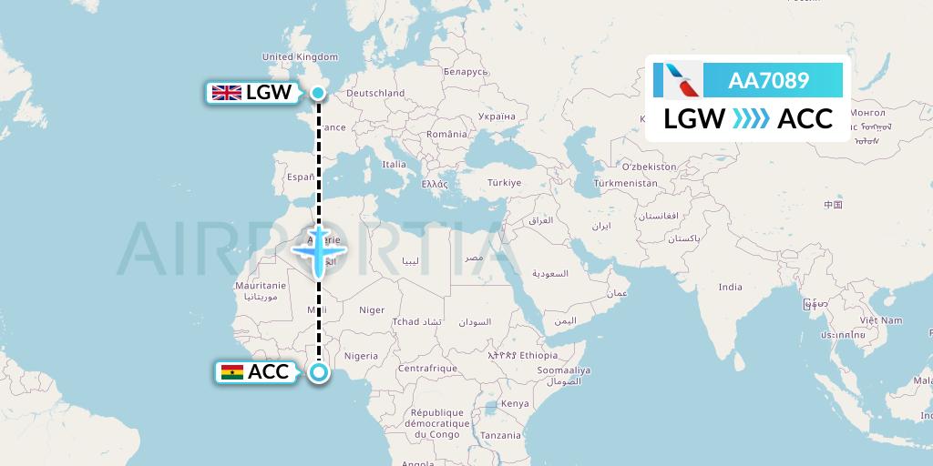 AA7089 American Airlines Flight Map: London to Accra