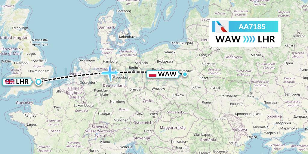 AA7185 American Airlines Flight Map: Warsaw to London