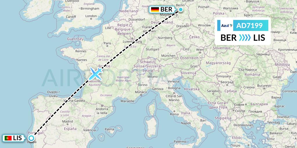 AD7199 Azul Brazilian Airlines Flight Map: Berlin to Lisbon